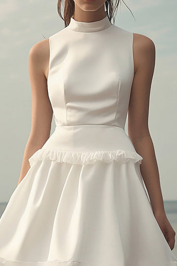 White A Line Ruffled High Neck Short Graduation Dress